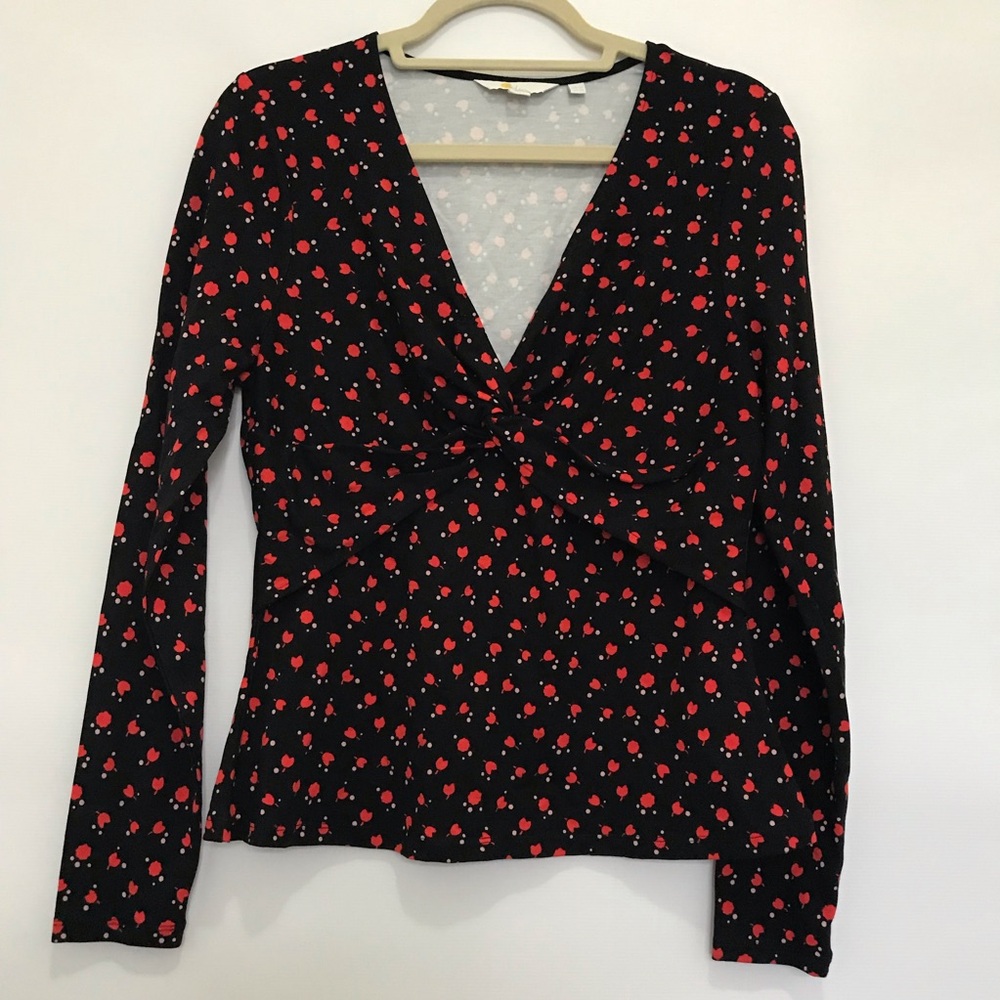 Boden Black Long-Sleeve V-Neck Top with Red Floral Print Size 10